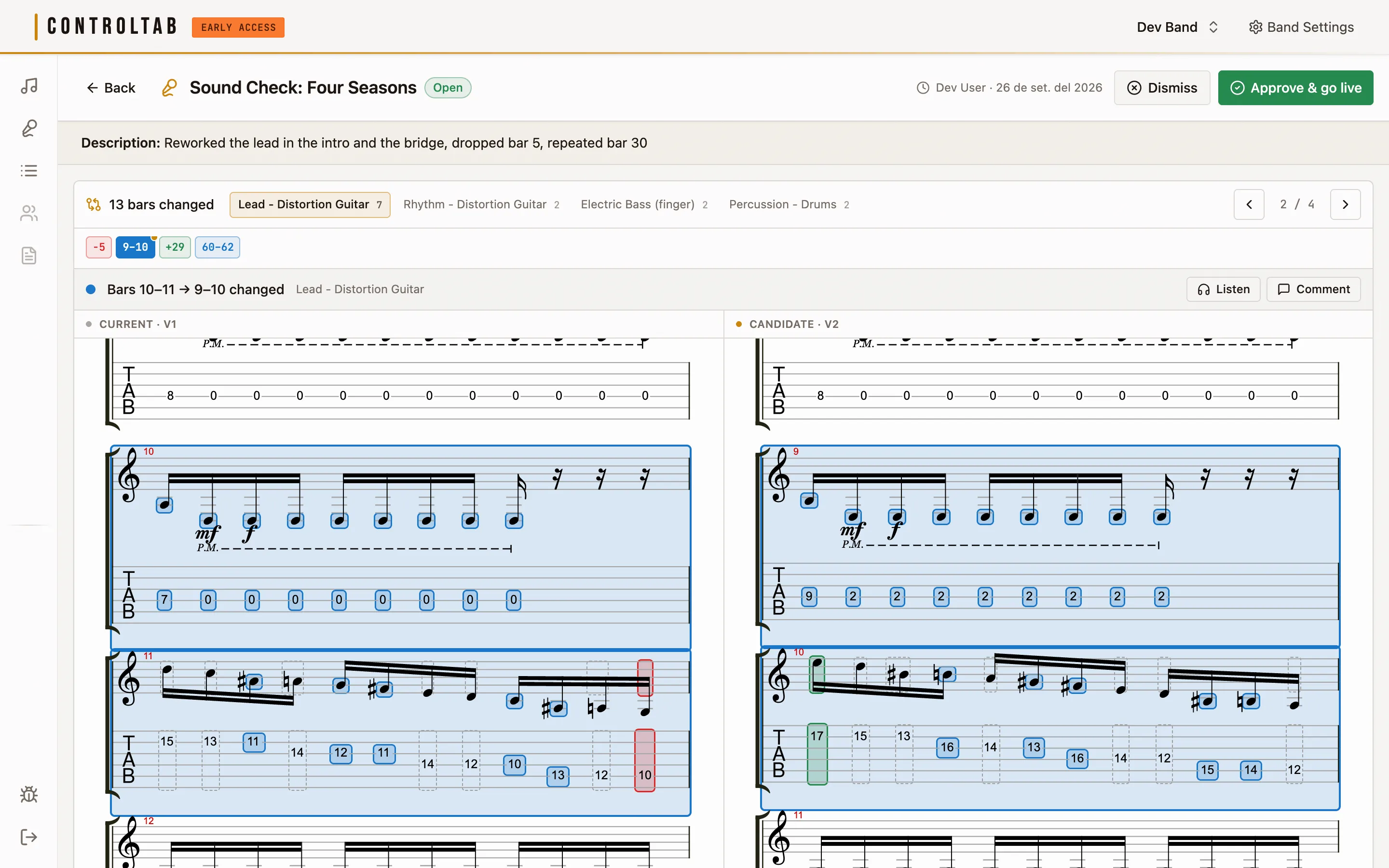 Two versions of a lead guitar part side by side in ControlTab. Bars 9 and 10 are highlighted, with changed notes outlined in blue, one added note in green and one removed note in red.