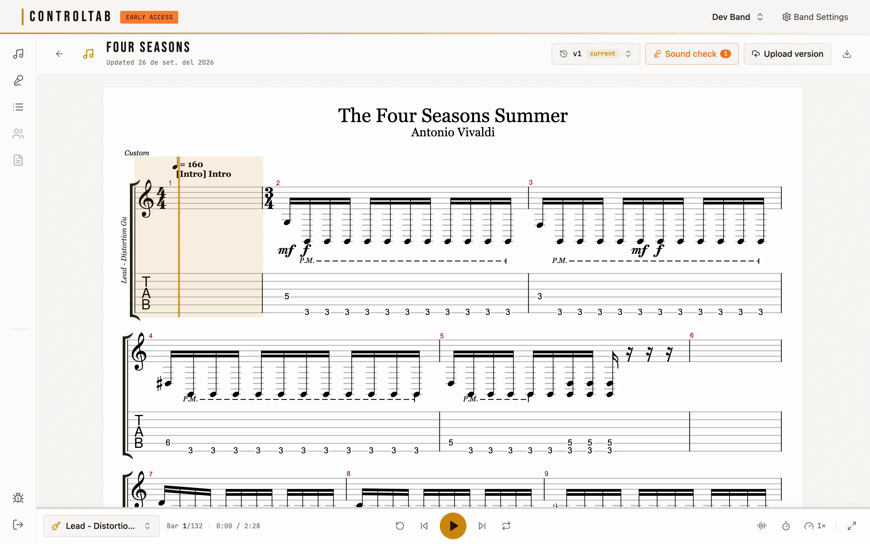 The ControlTab player showing the first bars of Vivaldi's Summer as notation and tablature, with the transport bar along the bottom: track selector, play button, loop, metronome, count-in and speed.