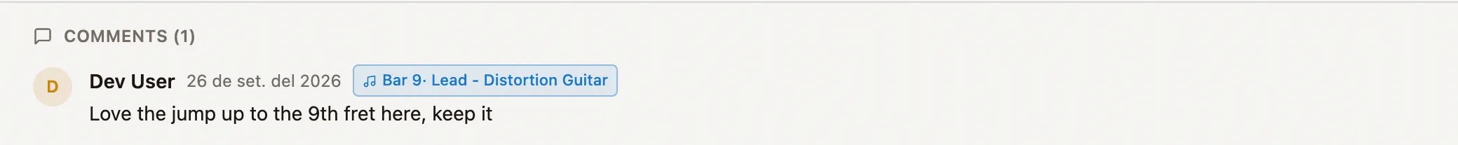 The comments under the same sound check. One comment, tagged Bar 9, Lead - Distortion Guitar, reads: Love the jump up to the 9th fret here, keep it.