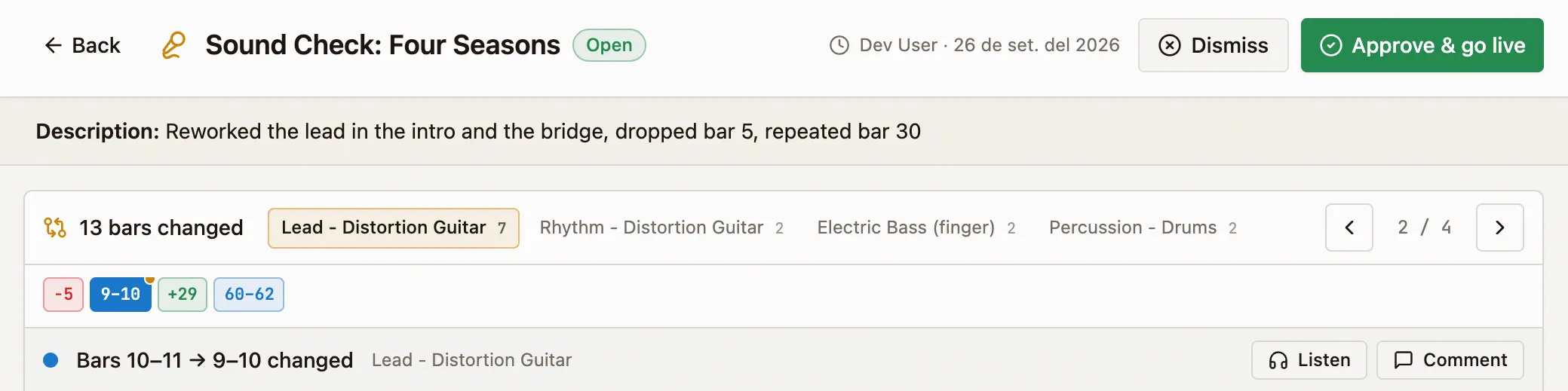 The top of an open sound check for the song Four Seasons: who proposed it and when, Dismiss and Approve and go live buttons, the description of what changed, and a count of 13 bars changed across four tracks.